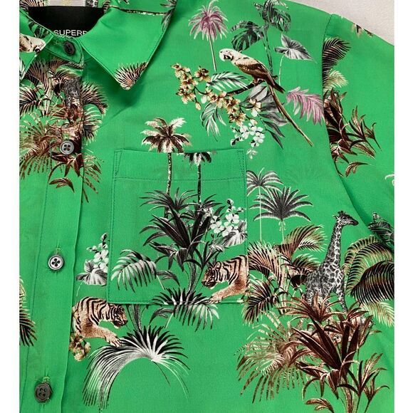 NWOT LE SUPERBE Green Shirt Tiger Giraffe Print Silk Size 4 - Picture 3 of 7